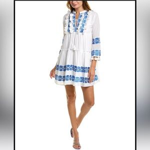 Bindu Fernanda Womens Dress Large White Blue Tassels Bohemian embroidered fringe